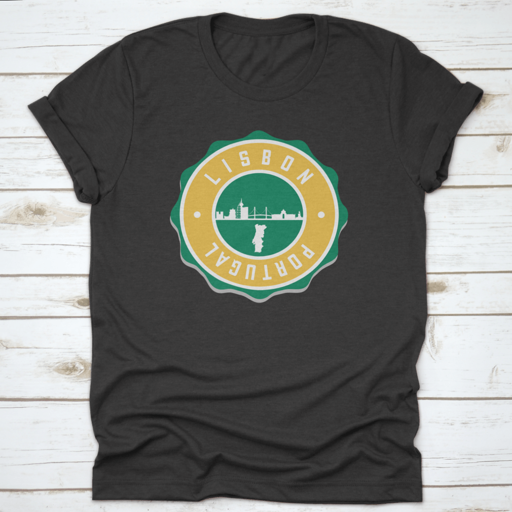 Lisbon, Portugal badge featuring a city skyline design, made from 100% cotton, showcasing iconic landmarks.