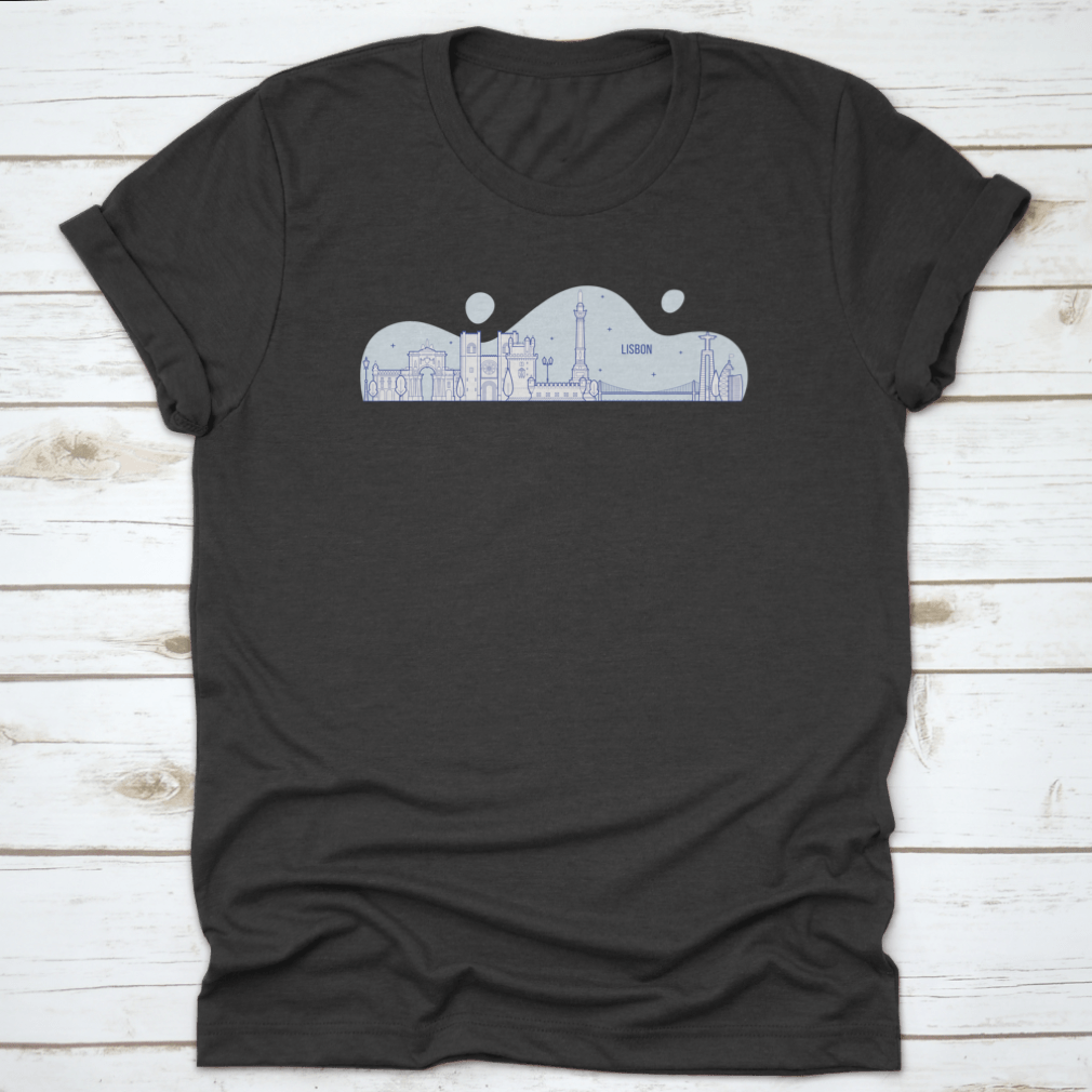 Illustration of the Lisbon skyline on a comfortable cotton t-shirt, showcasing iconic landmarks.