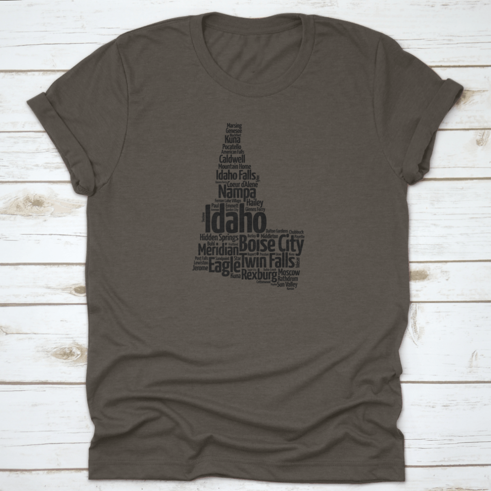 A stylish Map Silhouette Word Cloud featuring the names of cities in Idaho, designed on a comfortable cotton fabric.
