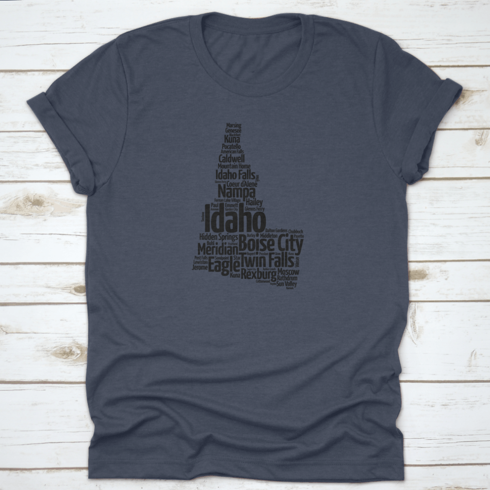 A stylish Map Silhouette Word Cloud featuring the names of cities in Idaho, designed on a comfortable cotton fabric.