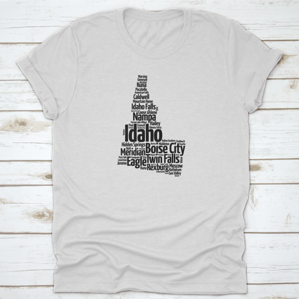 A stylish Map Silhouette Word Cloud featuring the names of cities in Idaho, designed on a comfortable cotton fabric.