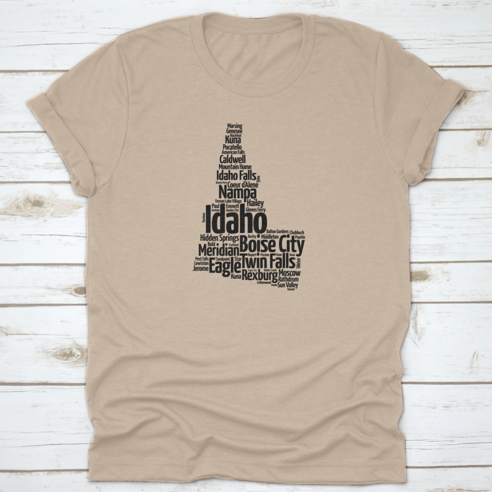 A stylish Map Silhouette Word Cloud featuring the names of cities in Idaho, designed on a comfortable cotton fabric.