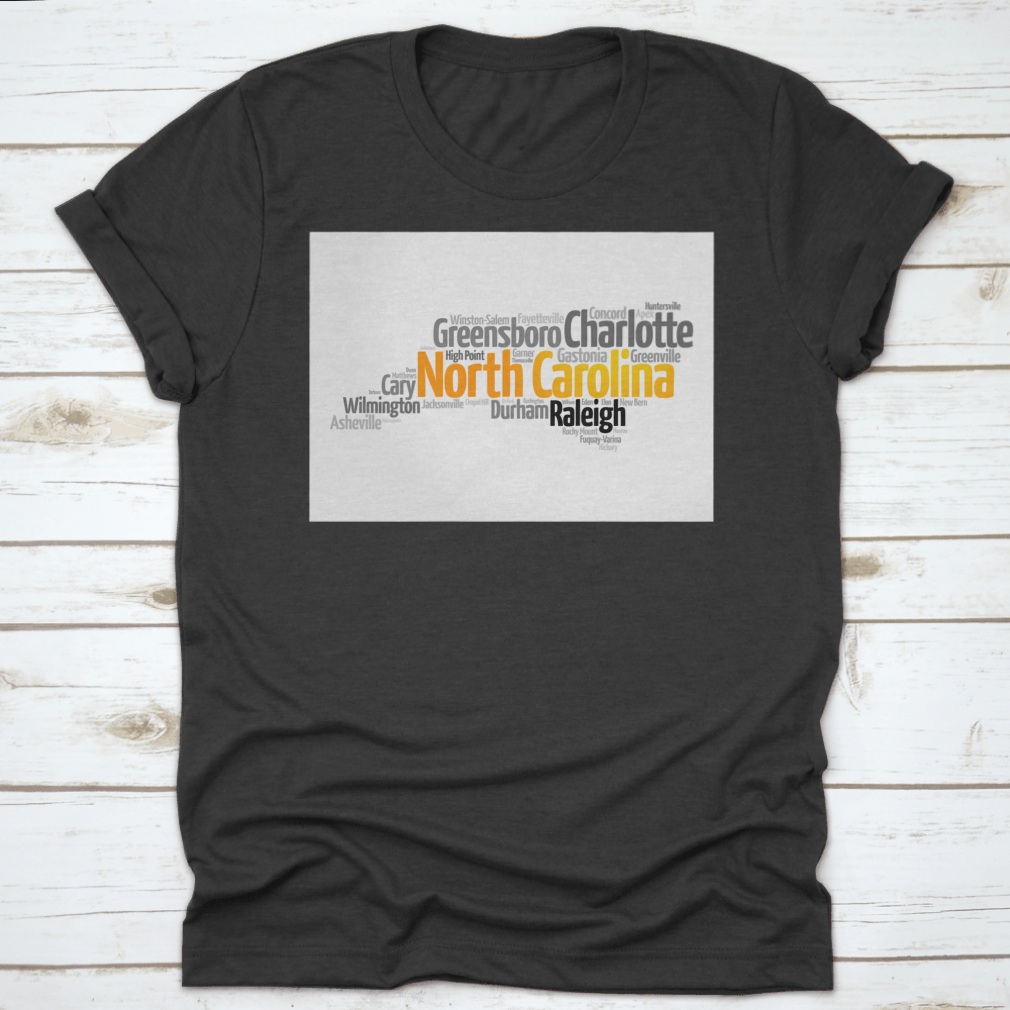 A stylish word cloud map silhouette featuring cities in North Carolina, showcasing a unique design on a comfortable cotton fabric.