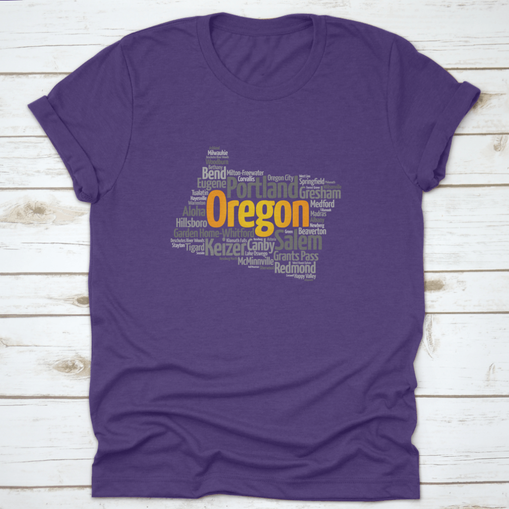 Stylish map silhouette word cloud featuring cities in Oregon, USA, printed on a comfortable cotton fabric.