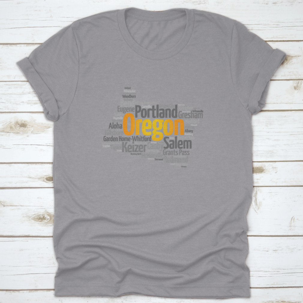 Stylish map silhouette word cloud featuring cities in Oregon, USA, printed on a comfortable cotton fabric.