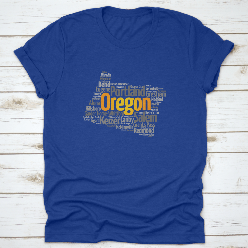 Stylish map silhouette word cloud featuring cities in Oregon, USA, printed on a comfortable cotton fabric.
