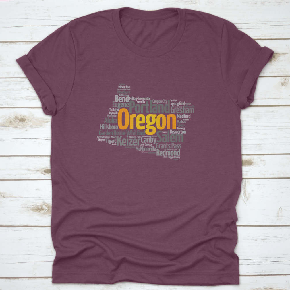 Stylish map silhouette word cloud featuring cities in Oregon, USA, printed on a comfortable cotton fabric.