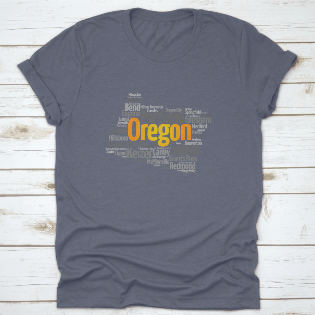 Stylish map silhouette word cloud featuring cities in Oregon, USA, printed on a comfortable cotton fabric.