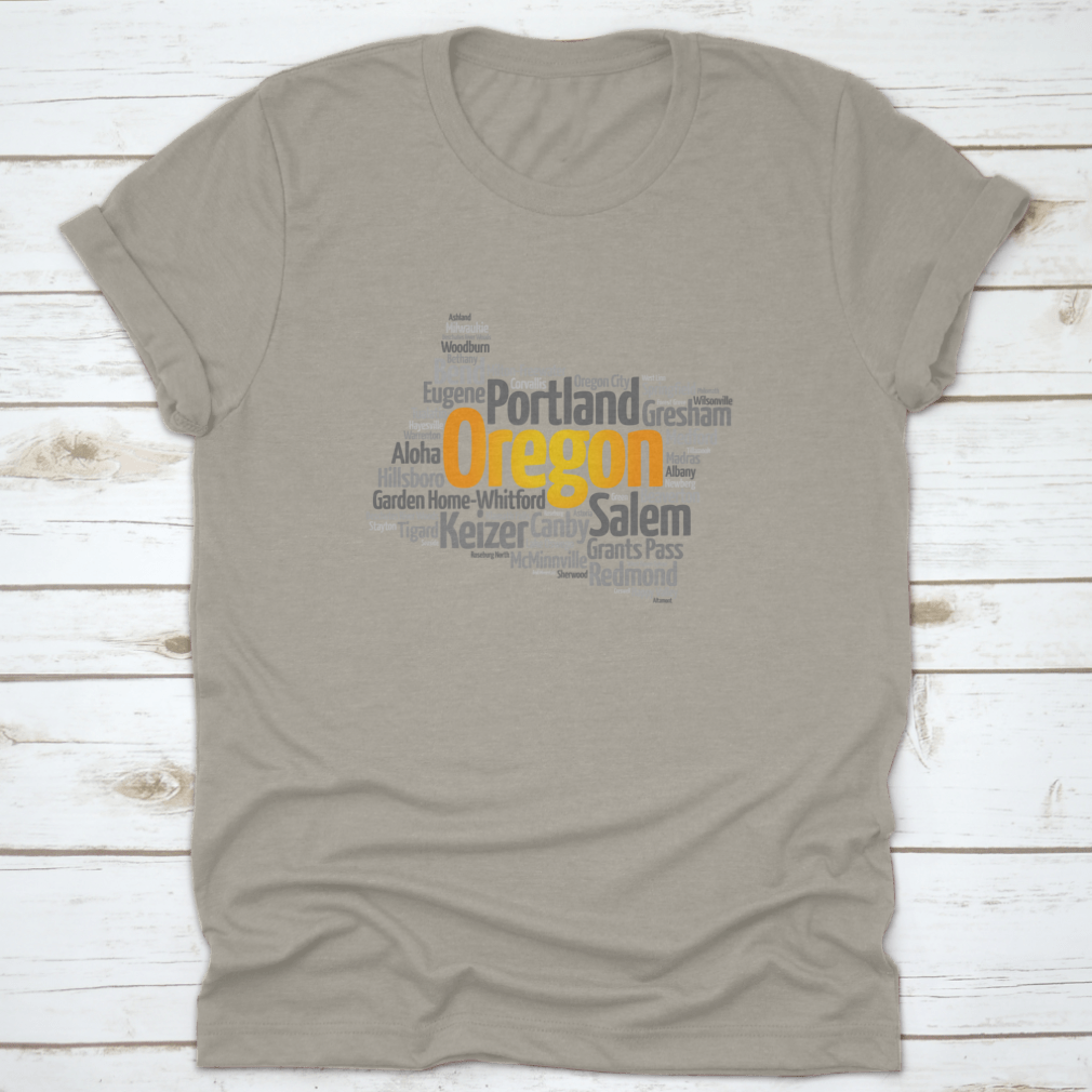 Stylish map silhouette word cloud featuring cities in Oregon, USA, printed on a comfortable cotton fabric.