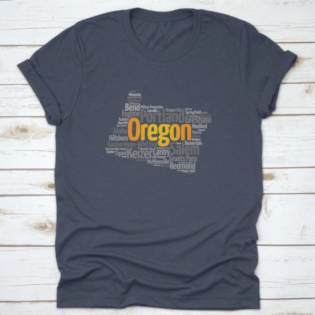 Stylish map silhouette word cloud featuring cities in Oregon, USA, printed on a comfortable cotton fabric.