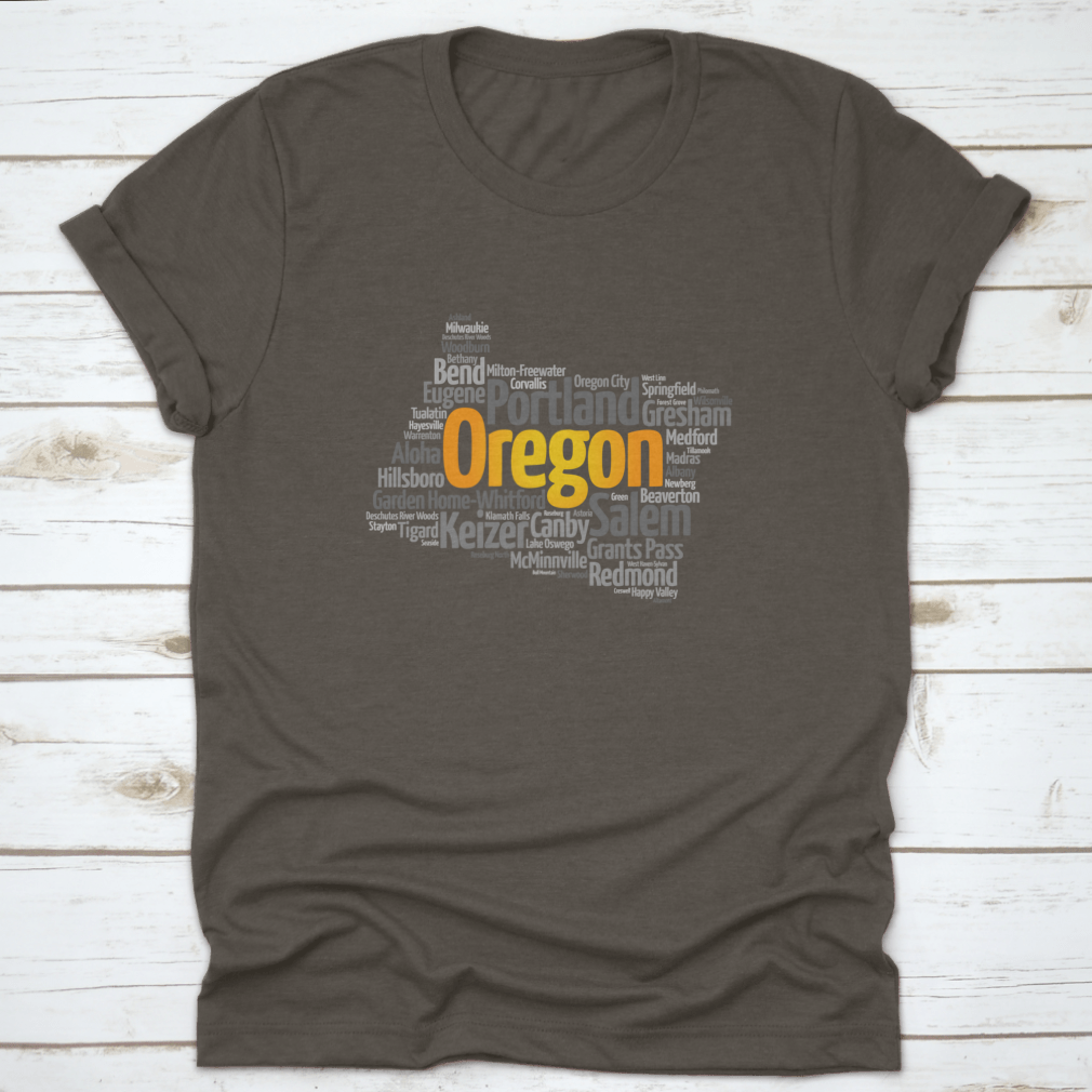 Stylish map silhouette word cloud featuring cities in Oregon, USA, printed on a comfortable cotton fabric.
