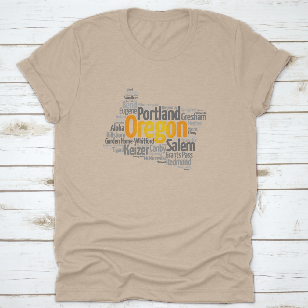 Stylish map silhouette word cloud featuring cities in Oregon, USA, printed on a comfortable cotton fabric.