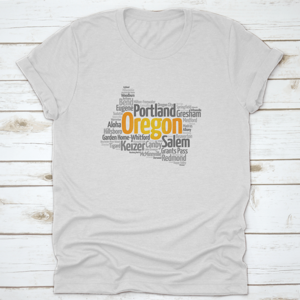 Stylish map silhouette word cloud featuring cities in Oregon, USA, printed on a comfortable cotton fabric.