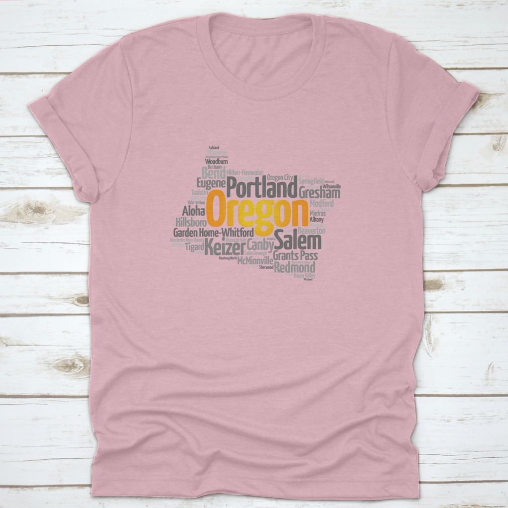Stylish map silhouette word cloud featuring cities in Oregon, USA, printed on a comfortable cotton fabric.