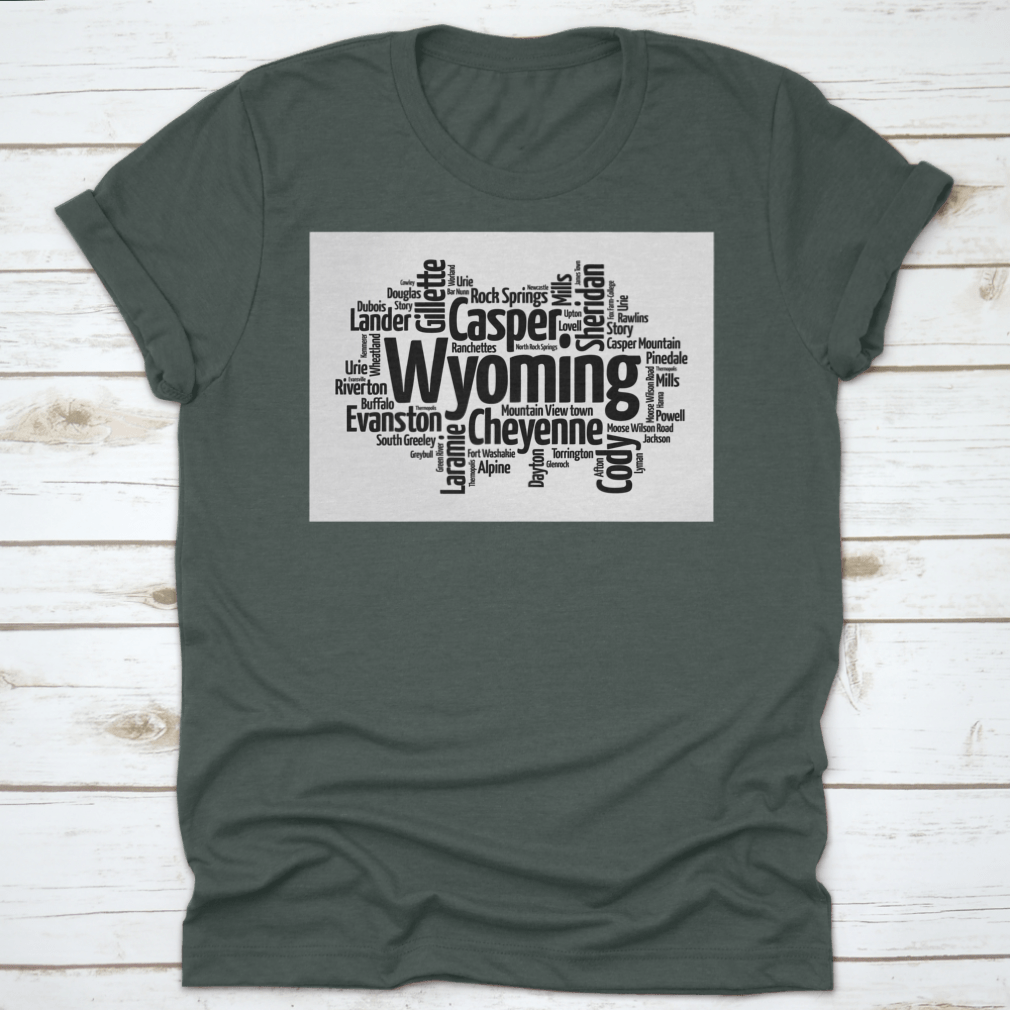 A stylish t-shirt featuring a word cloud design of cities in Wyoming, showcasing the state's unique landscape and culture.