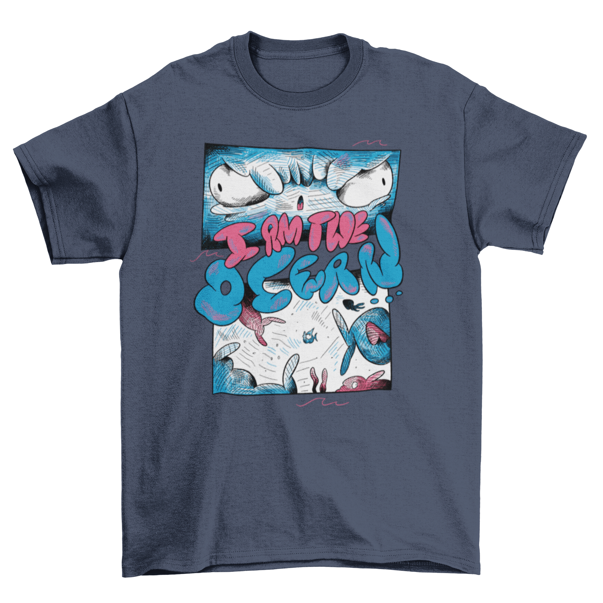 A playful t-shirt featuring a little fish swimming in the ocean with the quote 'I am the ocean'.