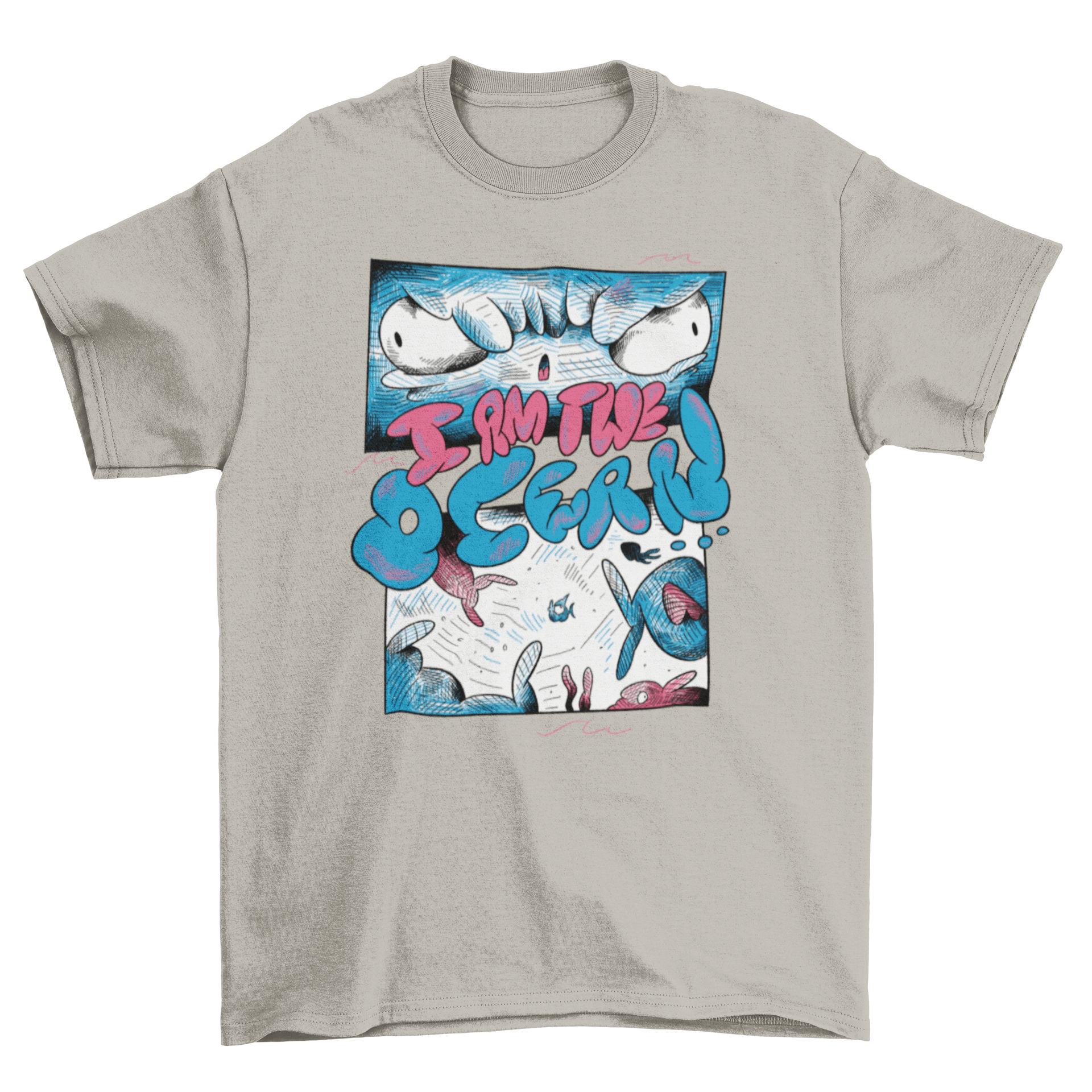 A playful t-shirt featuring a little fish swimming in the ocean with the quote 'I am the ocean'.