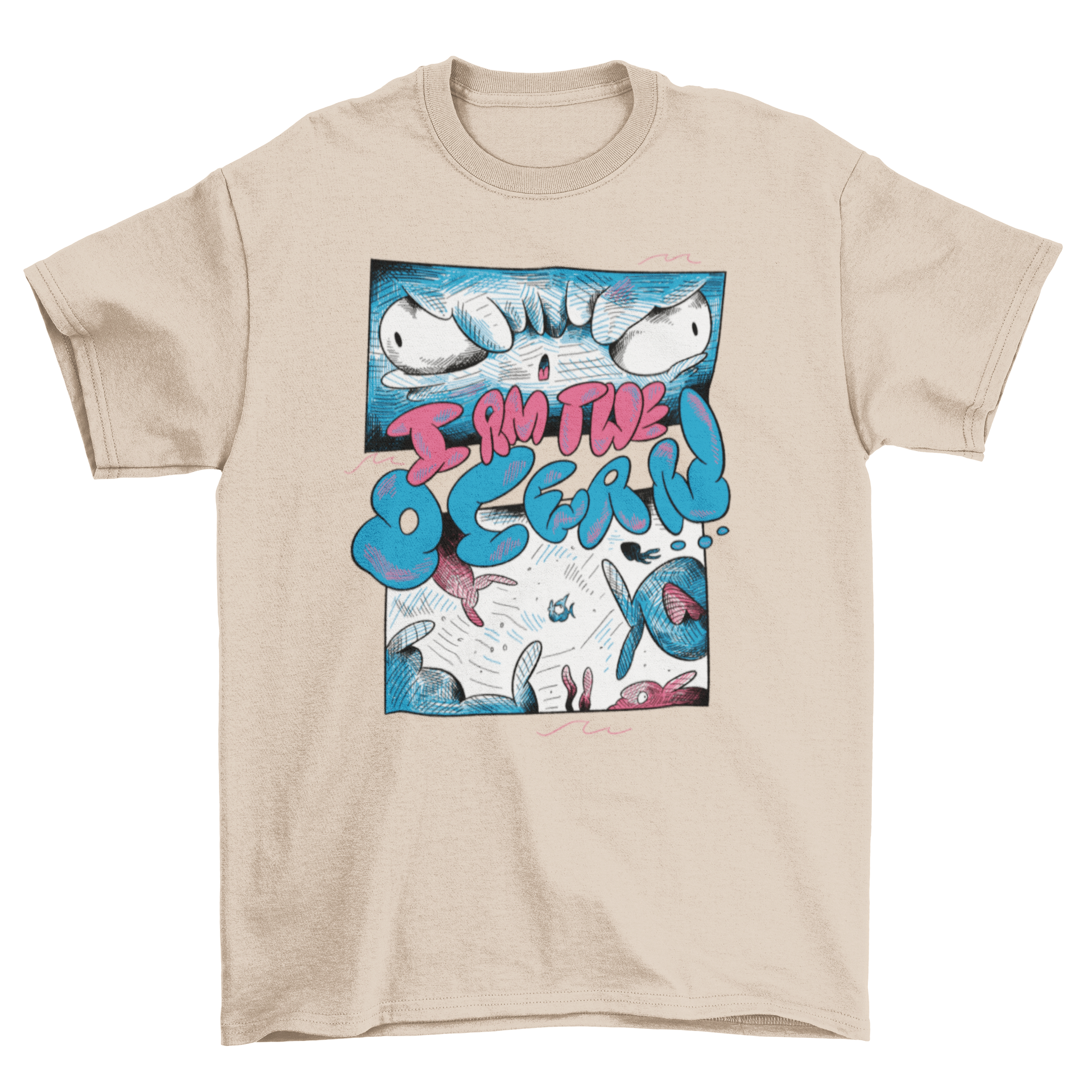 A playful t-shirt featuring a little fish swimming in the ocean with the quote 'I am the ocean'.