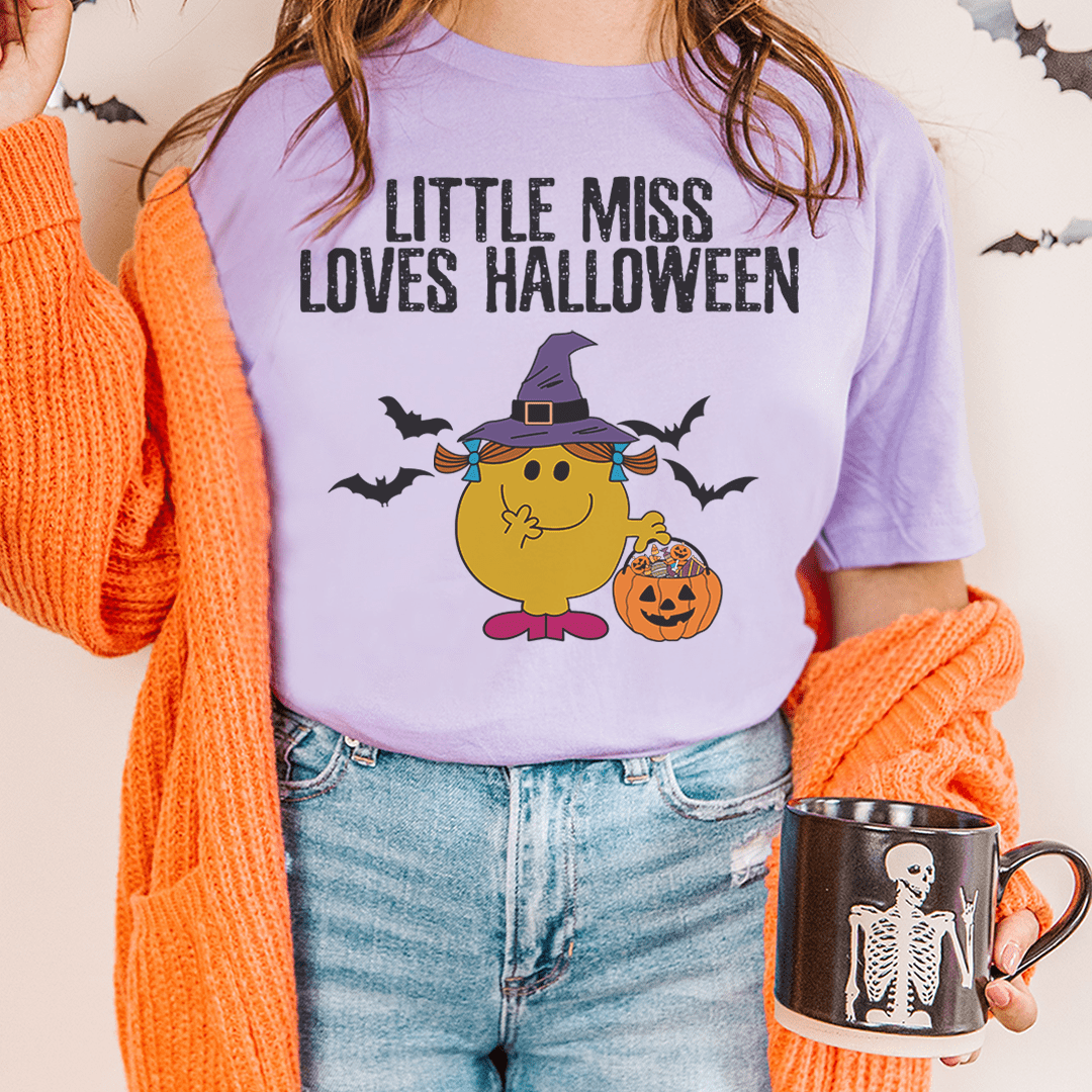 Little Miss Loves Halloween Tee featuring vibrant Halloween-themed graphics on a soft cotton fabric.