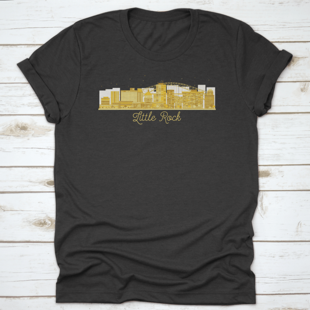 Golden silhouette of Little Rock city skyline, showcasing iconic buildings and structures in a stylish vector illustration.