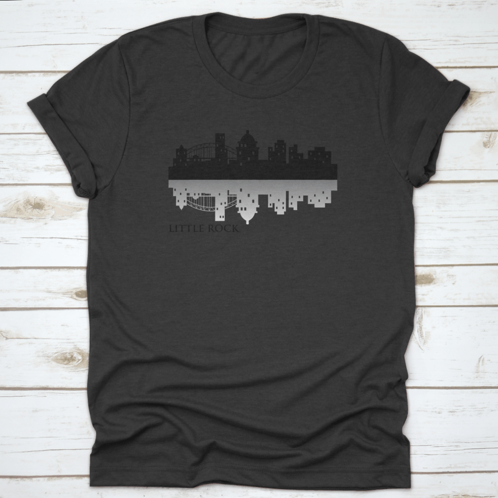 Trendy Little Rock skyline city logo t-shirt in grey, showcasing a modern design and classic fit.