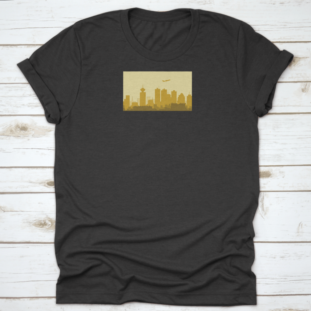 A vibrant t-shirt featuring the Lively Vancouver Morning City Skyline, showcasing urban architecture and buildings in a stylish design.