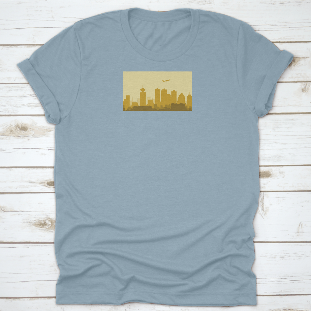 A vibrant t-shirt featuring the Lively Vancouver Morning City Skyline, showcasing urban architecture and buildings in a stylish design.