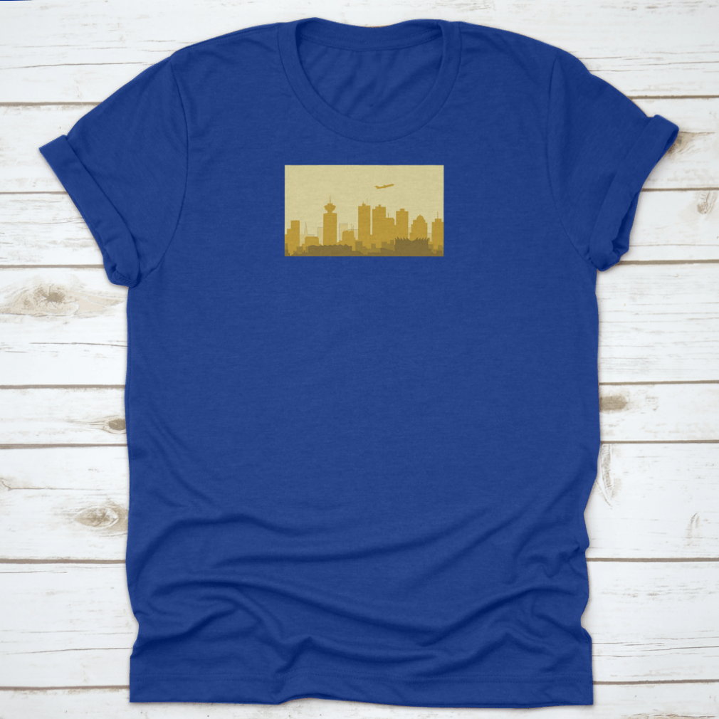 A vibrant t-shirt featuring the Lively Vancouver Morning City Skyline, showcasing urban architecture and buildings in a stylish design.