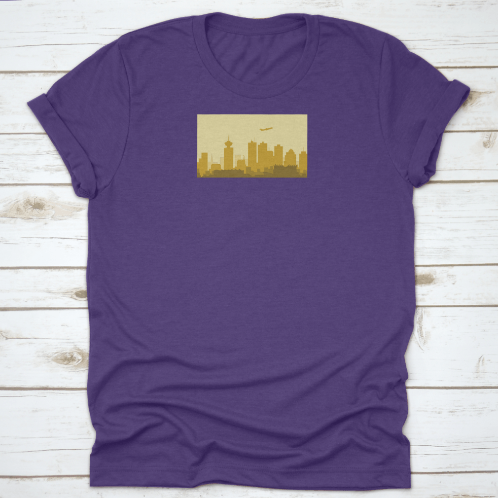 A vibrant t-shirt featuring the Lively Vancouver Morning City Skyline, showcasing urban architecture and buildings in a stylish design.