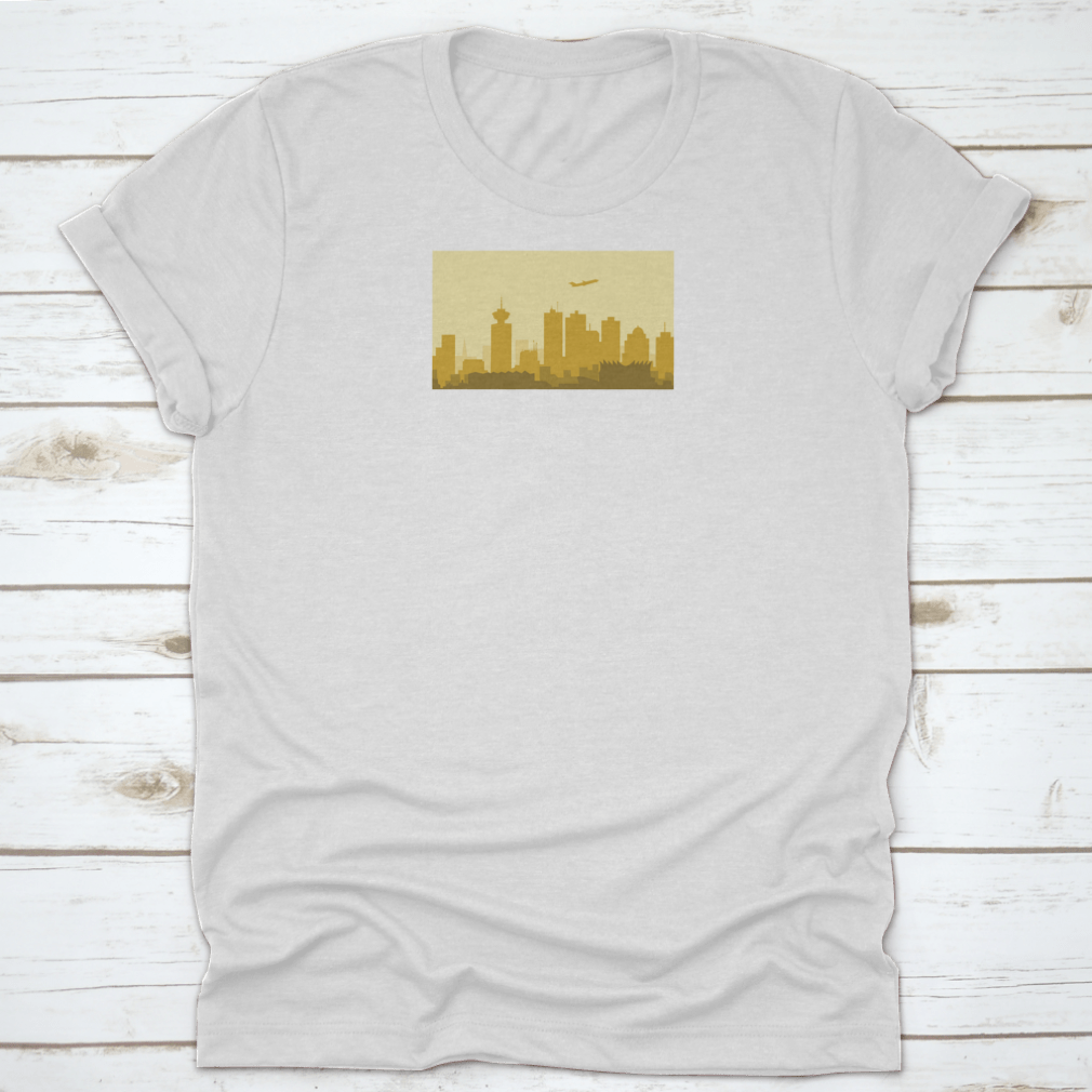 A vibrant t-shirt featuring the Lively Vancouver Morning City Skyline, showcasing urban architecture and buildings in a stylish design.