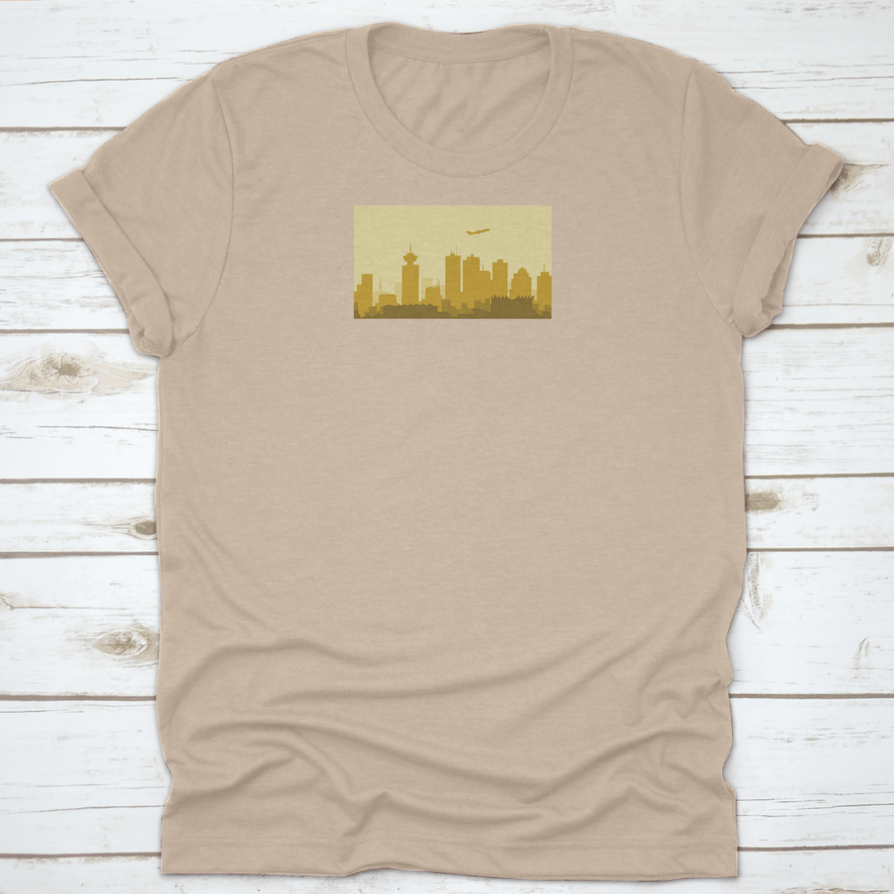 A vibrant t-shirt featuring the Lively Vancouver Morning City Skyline, showcasing urban architecture and buildings in a stylish design.