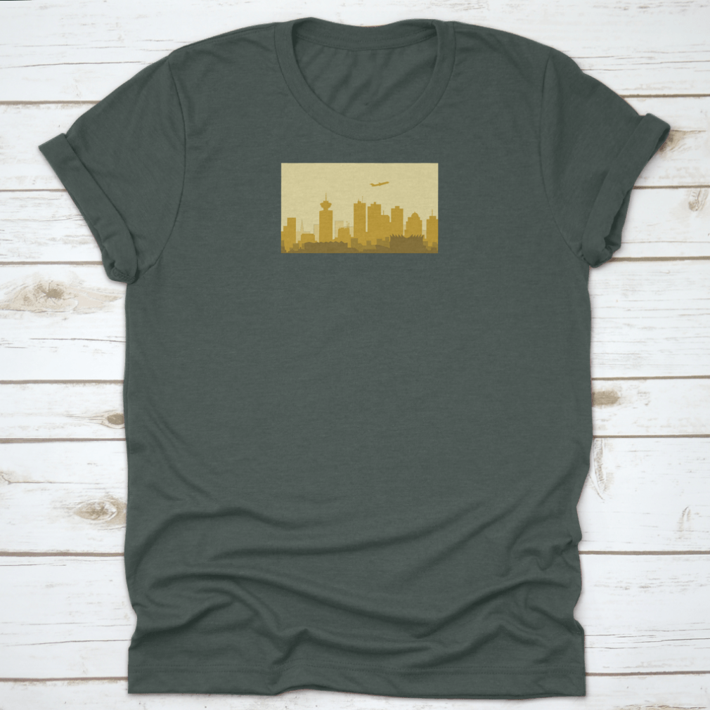 A vibrant t-shirt featuring the Lively Vancouver Morning City Skyline, showcasing urban architecture and buildings in a stylish design.
