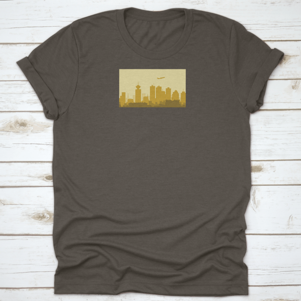 A vibrant t-shirt featuring the Lively Vancouver Morning City Skyline, showcasing urban architecture and buildings in a stylish design.