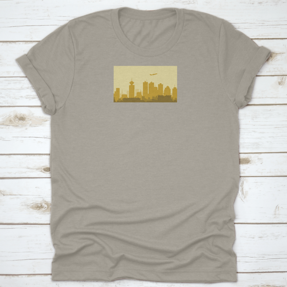A vibrant t-shirt featuring the Lively Vancouver Morning City Skyline, showcasing urban architecture and buildings in a stylish design.