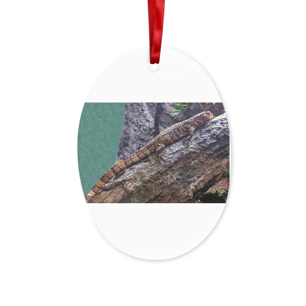Lizard Ceramic Hanging Ornament with red ribbon and gold string, beautifully crafted for holiday decor.