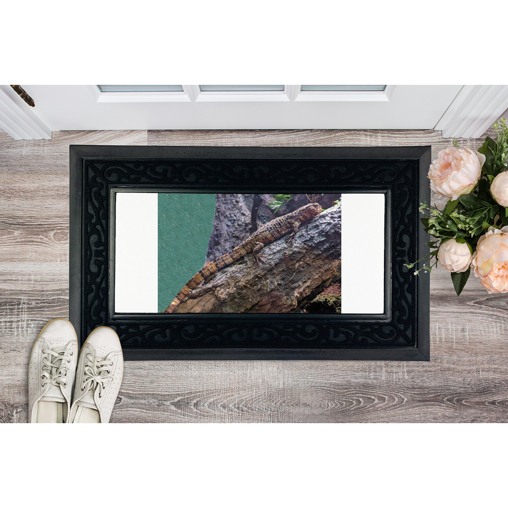 Lizard Sublimation Heavy Duty Door Mat with a removable printable fabric center and non-slip rubber base, featuring a classy brush border.