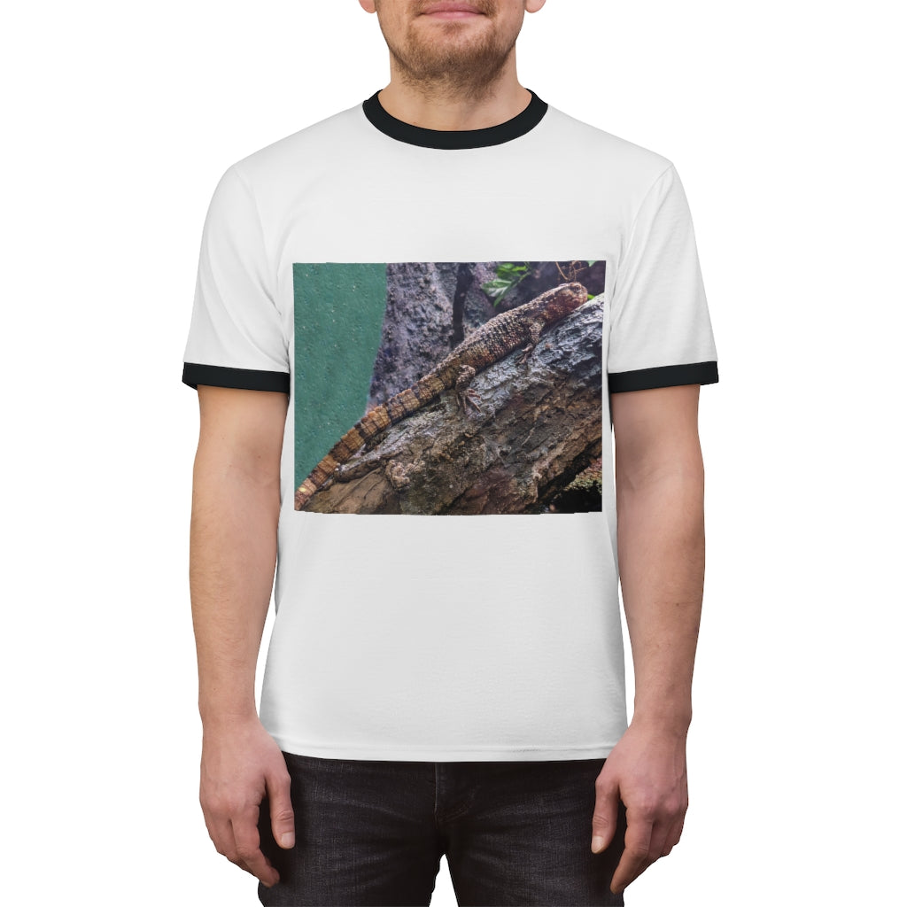 Lizard Unisex Ringer Tee in various colors, showcasing its lightweight fabric and stylish design.
