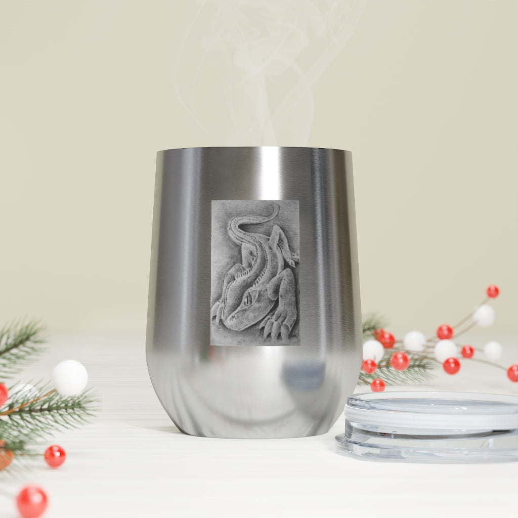 Lizzy the Lizard 12oz insulated wine tumbler with a vibrant lizard design and clear plastic lid, perfect for hot or cold beverages.