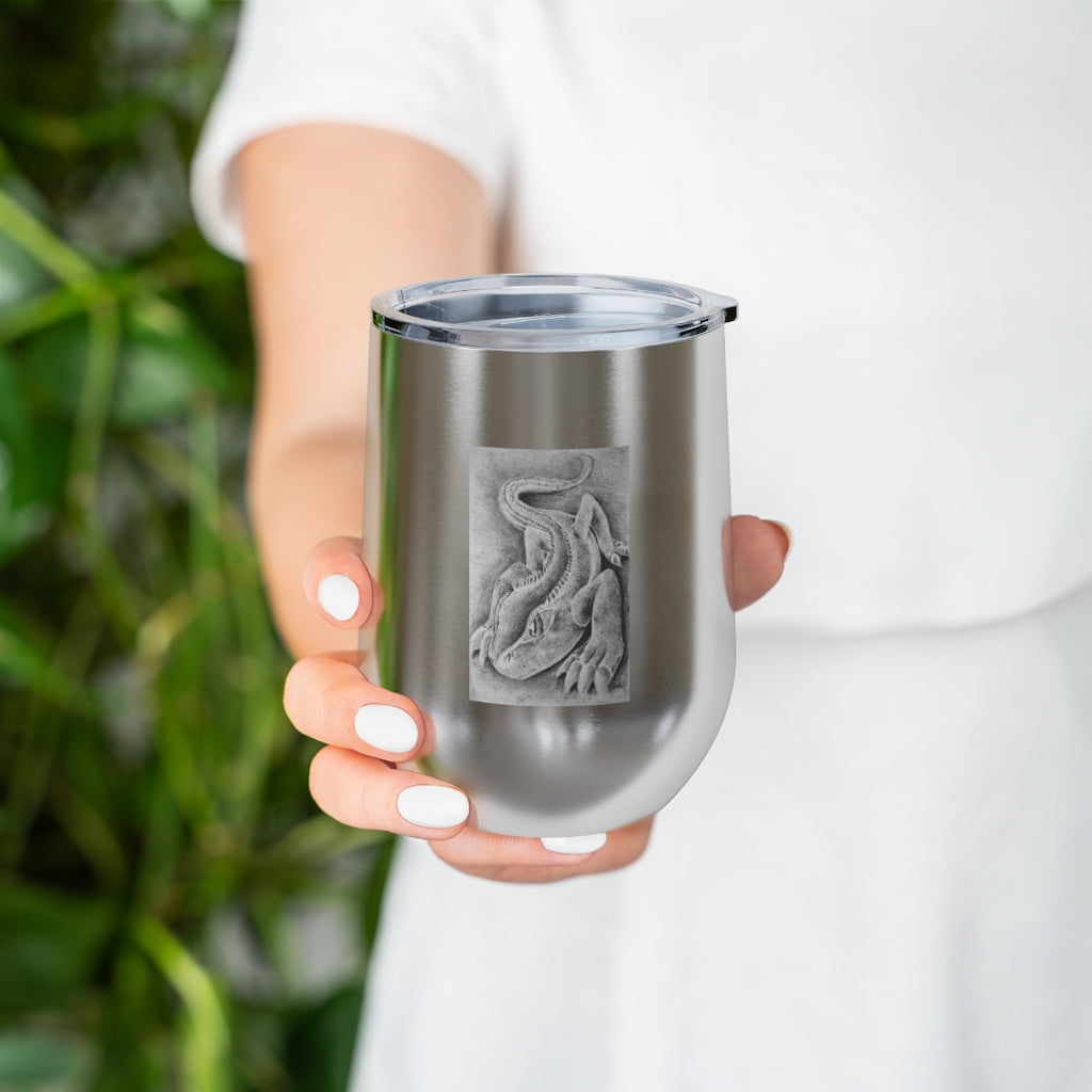 Lizzy the Lizard 12oz insulated wine tumbler with a vibrant lizard design and clear plastic lid, perfect for hot or cold beverages.