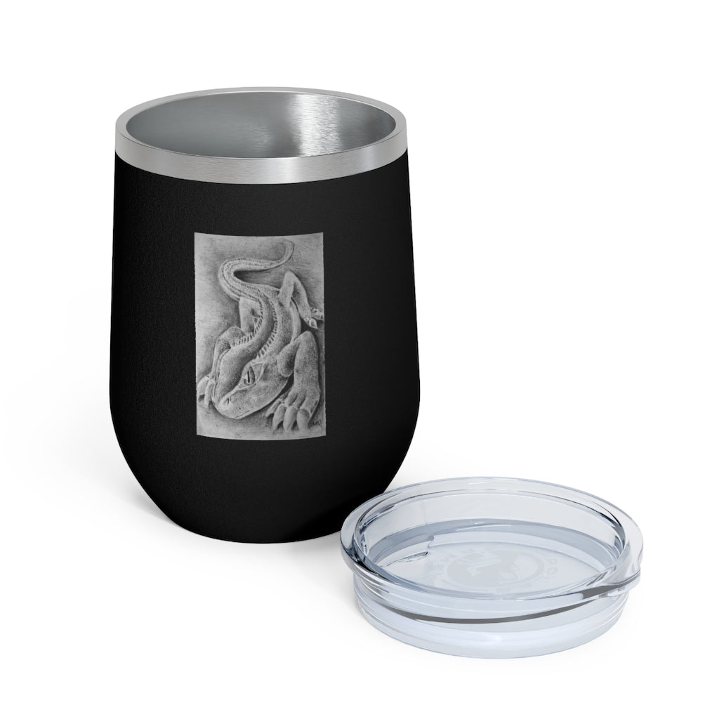Lizzy the Lizard 12oz insulated wine tumbler with a vibrant lizard design and clear plastic lid, perfect for hot or cold beverages.
