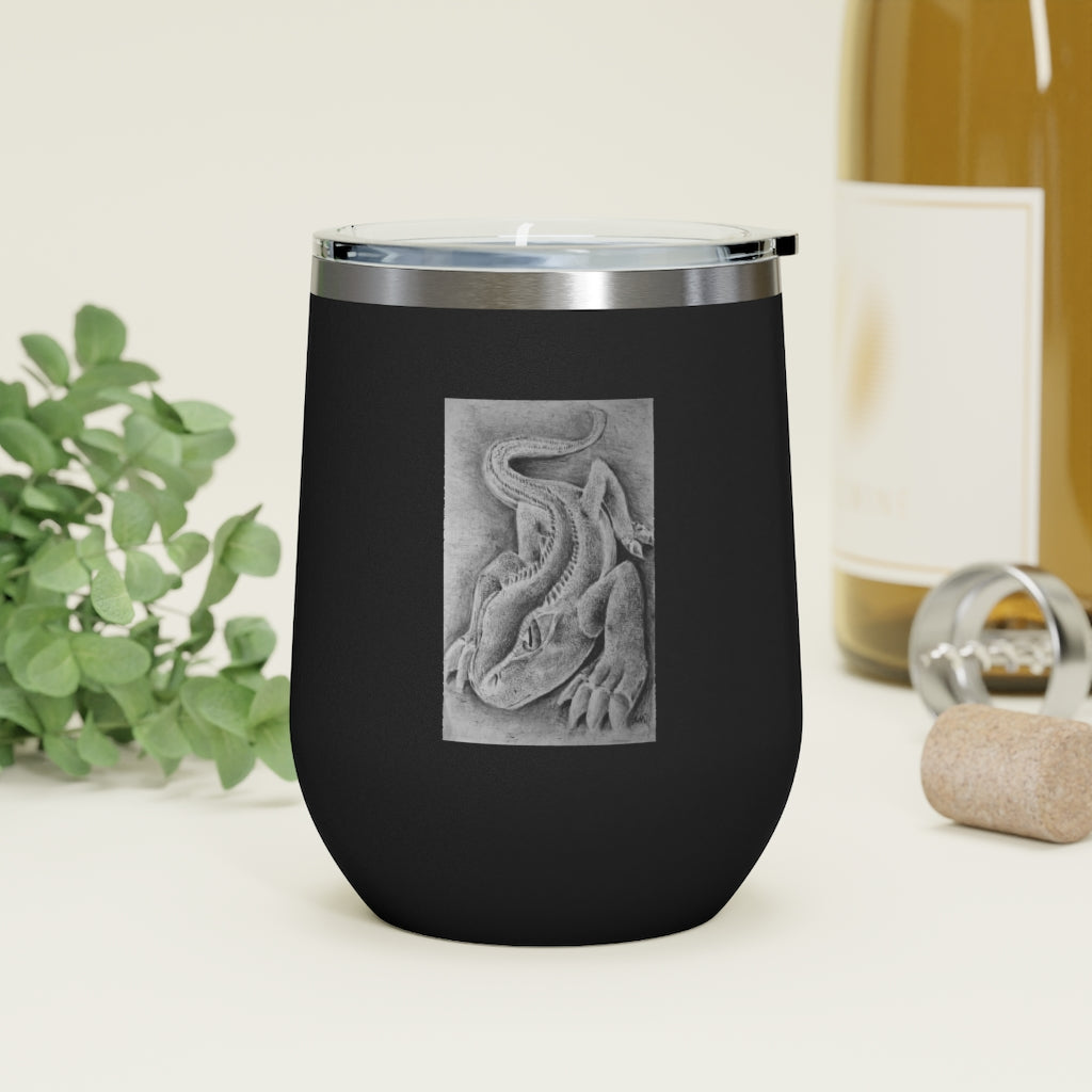 Lizzy the Lizard 12oz insulated wine tumbler with a vibrant lizard design and clear plastic lid, perfect for hot or cold beverages.
