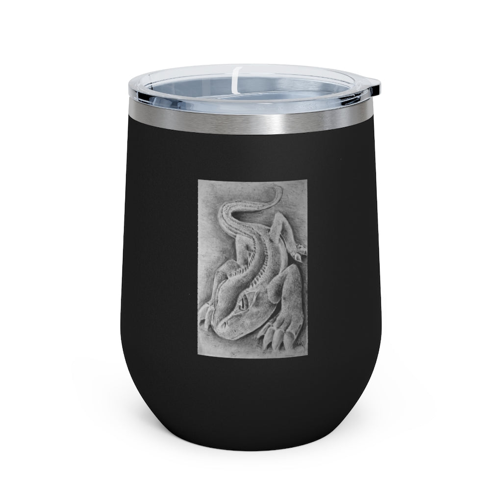 Lizzy the Lizard 12oz insulated wine tumbler with a vibrant lizard design and clear plastic lid, perfect for hot or cold beverages.