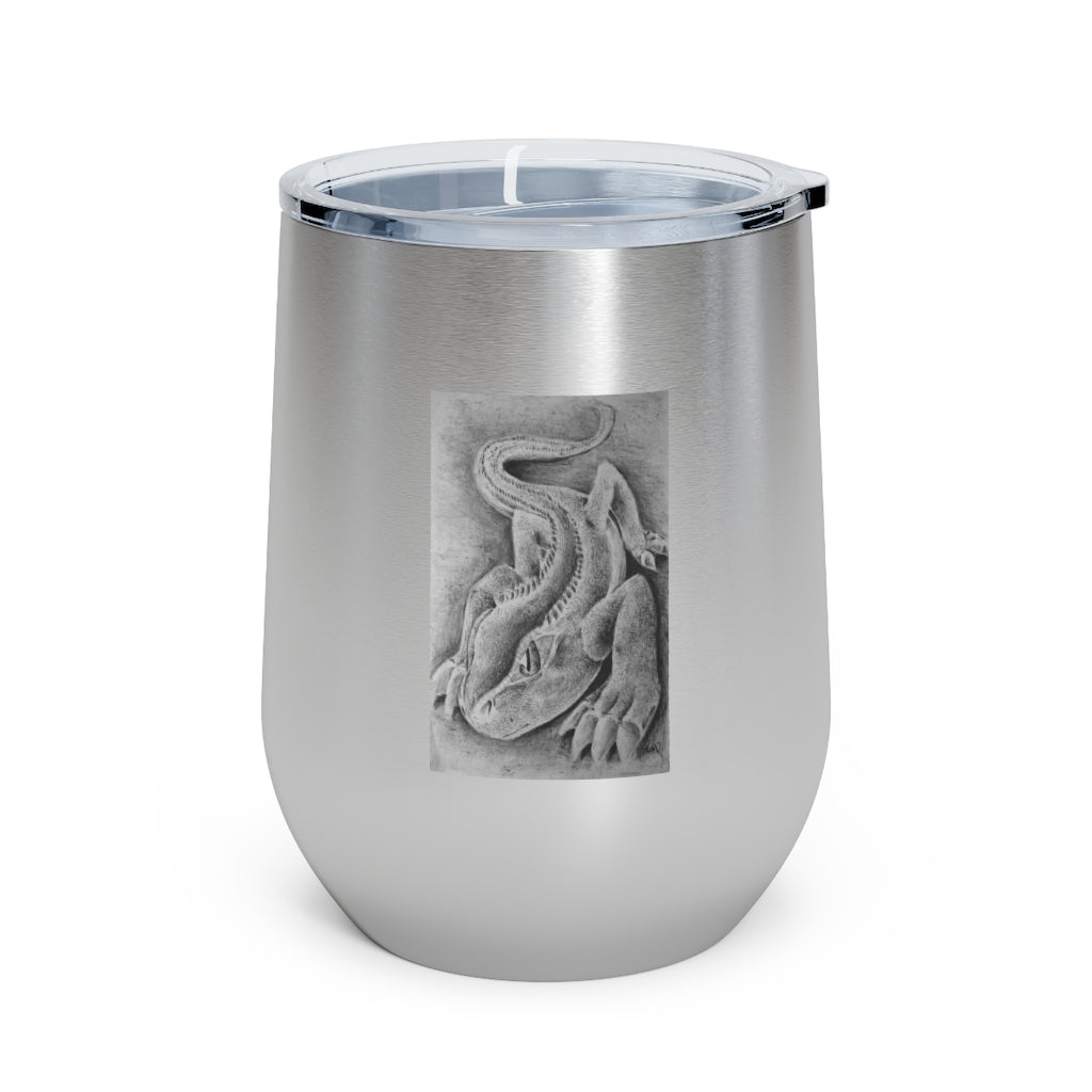 Lizzy the Lizard 12oz insulated wine tumbler with a vibrant lizard design and clear plastic lid, perfect for hot or cold beverages.