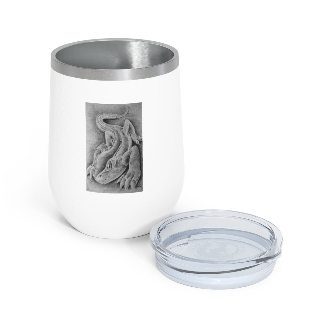 Lizzy the Lizard 12oz insulated wine tumbler with a vibrant lizard design and clear plastic lid, perfect for hot or cold beverages.
