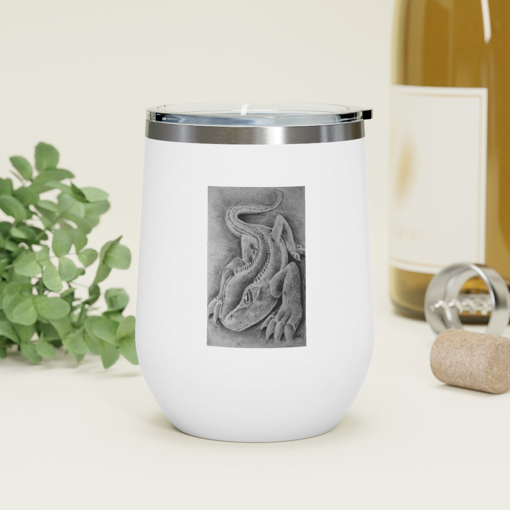 Lizzy the Lizard 12oz insulated wine tumbler with a vibrant lizard design and clear plastic lid, perfect for hot or cold beverages.