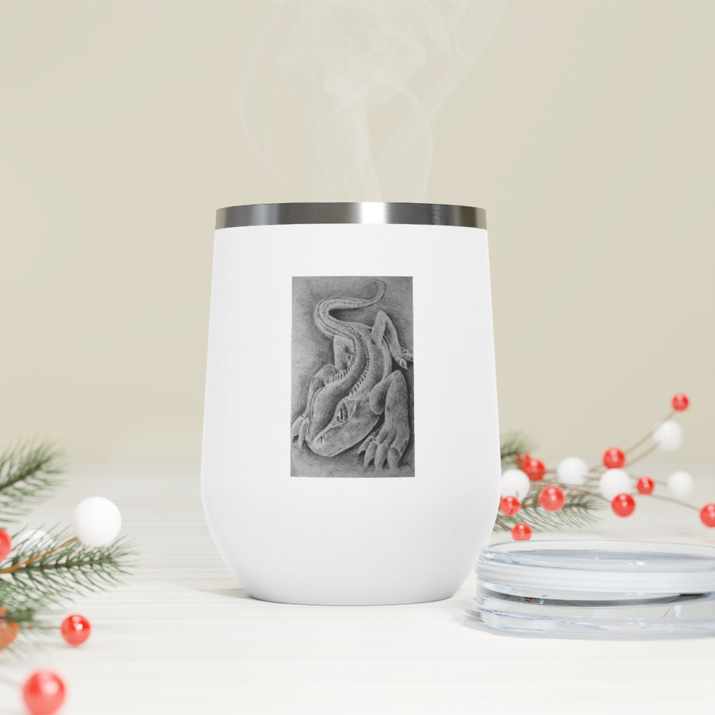 Lizzy the Lizard 12oz insulated wine tumbler with a vibrant lizard design and clear plastic lid, perfect for hot or cold beverages.