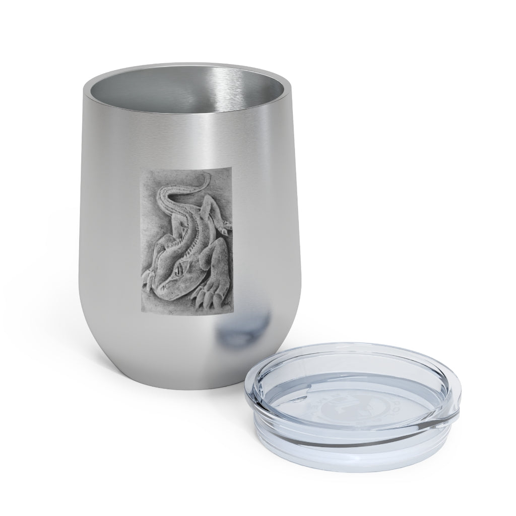 Lizzy the Lizard 12oz insulated wine tumbler with a vibrant lizard design and clear plastic lid, perfect for hot or cold beverages.