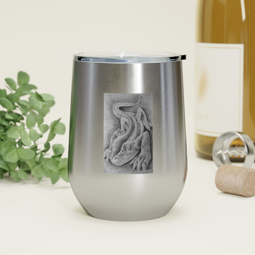 Lizzy the Lizard 12oz insulated wine tumbler with a vibrant lizard design and clear plastic lid, perfect for hot or cold beverages.