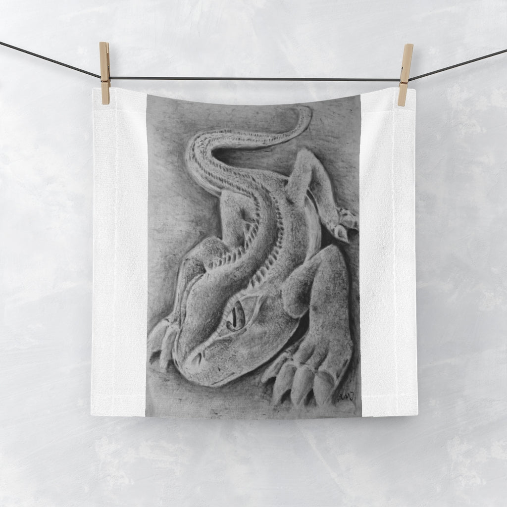 Lizzy the Lizard Face Towel featuring a colorful lizard design on a soft polyester front and absorbent cotton back, perfect for customization.