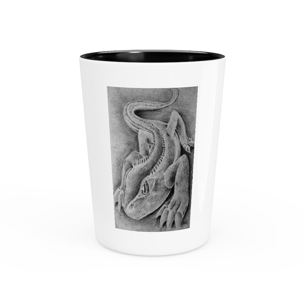 Lizzy the Lizard Shot Glass with customizable design, featuring a white ceramic body and a choice of white or black interior.